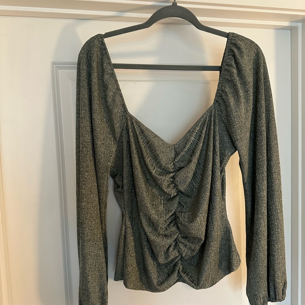 NSR Metallic Charcoal Ruched V-Neck Long Sleeve Top